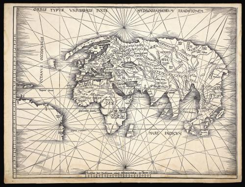 The Admiral's map, Double-page woodcut map of the world, lower margin extended