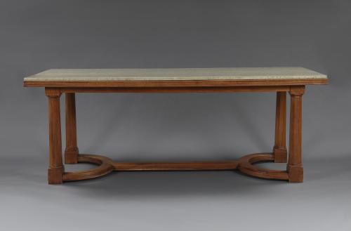 An Elegant Architectural Walnut Center Or Dining Table With 'Swedish Green' Marble Top In The Manner Of Sir Edwin Lutyens