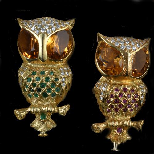 Pair of gold citrine diamond and emerald owl brooch