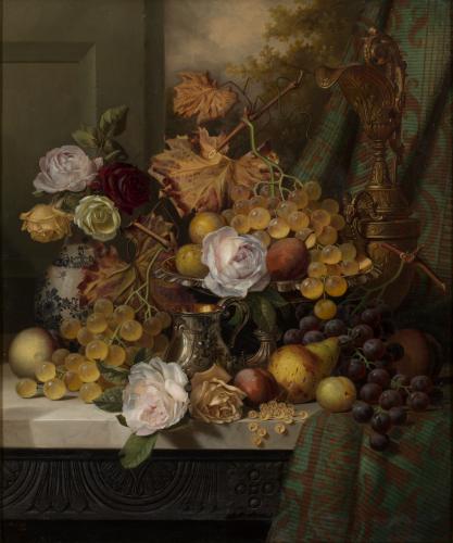 Still Life with Roses & Fruit on a Marble Ledge by Henry George Todd (1846 - 1898)