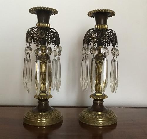 Fine pair of Regency bronze and gilt lustre candlesticks