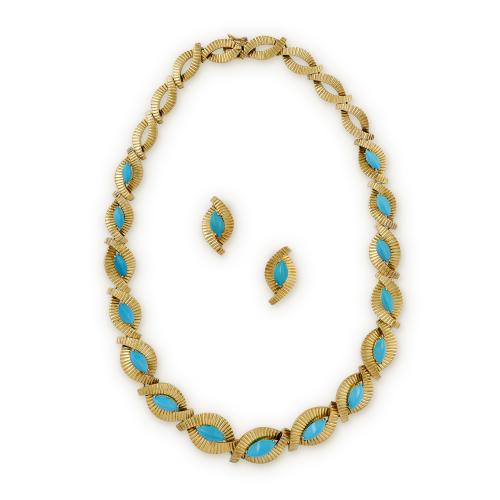 1950's 18ct yellow gold and turquoise necklace and earrings by Mellerio