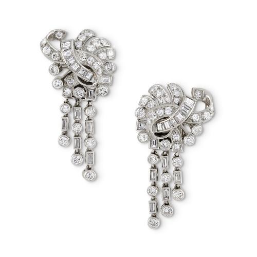 1940's brilliant and baguette diamond earclips