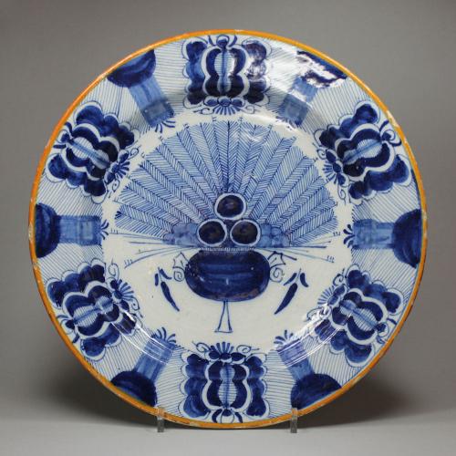 Dutch delft blue and white peacock plate, mid 18th