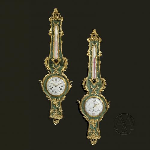 Fine Louis XV Style Gilt-Bronze Mounted Green Stained Horn Clock and Barometer Set