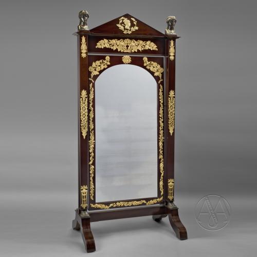 A Very Fine Empire Gilt and Patinated Bronze Mounted Mahogany Cheval Mirror or 'Psyché'. 