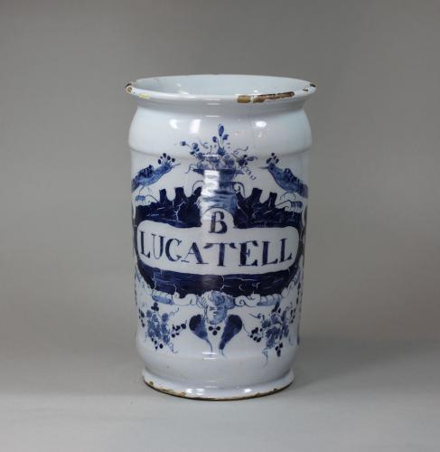 Dutch Delft blue and white drug jar, early 18th