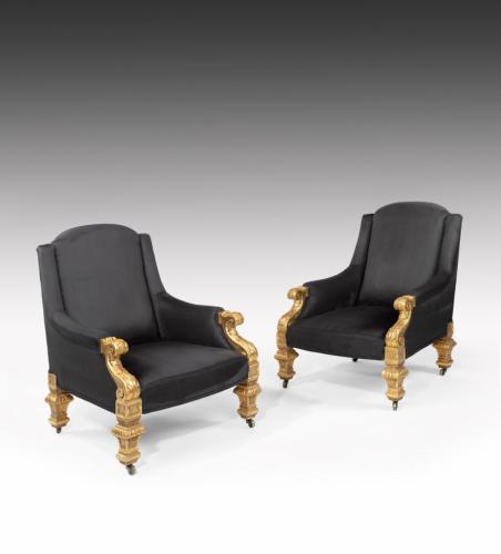A Pair of Holland and Sons 19th Century Giltwood Armchairs
