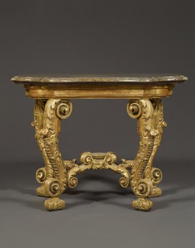 The Giebelstadt Tables - An Imposing Pair Of Giltwood Console Tables Bearing Their Original Fine Würzburger Goldbank  Marble Tops