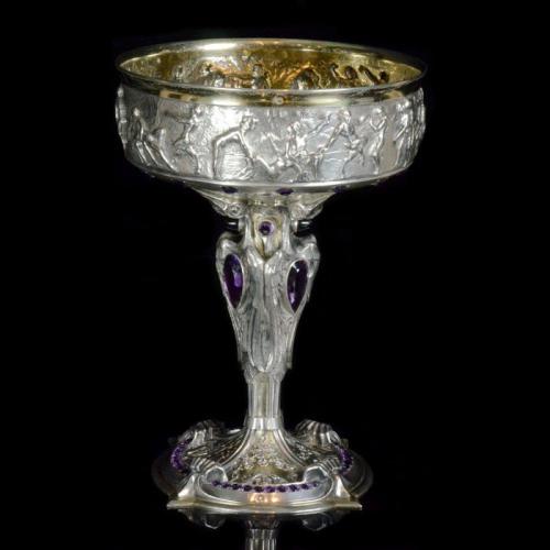 An unusual and highly decorative silver, silver-gilt and amethyst goblet by Descomps 1904