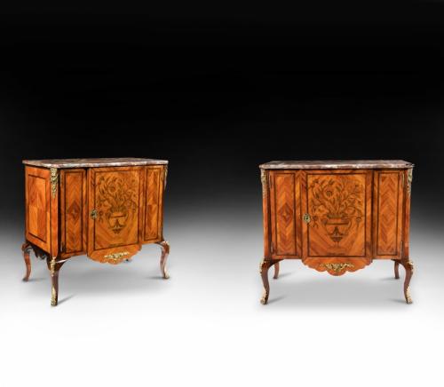 Fine Pair of 19th Century Gilt Bronze Mounted Tulipwood and Marquetry Marble Topped Commodes