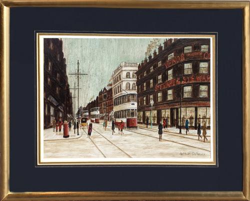 Arthur McEvoy Delaney (British 1927-1987) Northern Street Scene with Trams