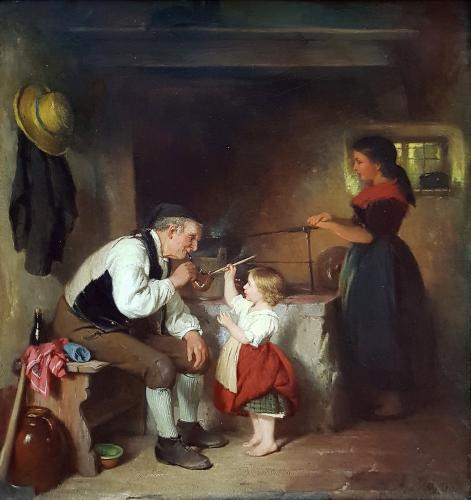 Joseph Miller (German 19th Century) Lighting Grandfather's Pipe