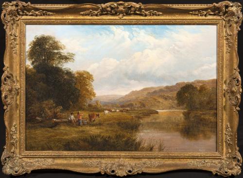 George Cole (British 1810-1883) Cattle Drovers in a River Landscape