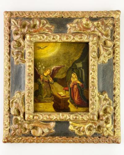 Cabinet painting of the annunciation. Spanish, mid 17th century