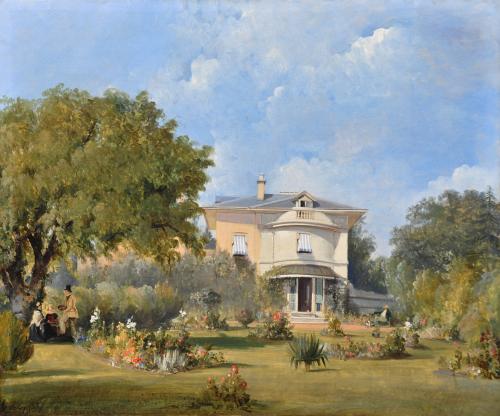 George Chambers Snr. OWCS, The artist with family and friends in the garden of a Regency villa