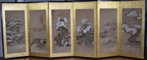 Six Panel Flowers Screen: Kitagawa Sosetsu