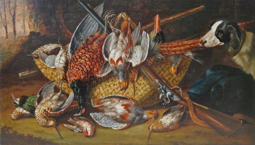 William Murray A pointer by a game still life with a gun, pheasant, mallard, partridge, snipe and woodcock in a woodland clearing