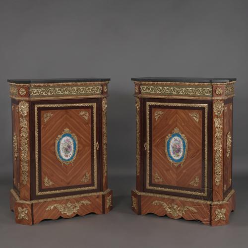 Pair of Gilt-Bronze Mounted Walnut Side Cabinets With Sèvres-Style Porcelain Mounts