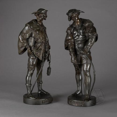 Pair of Patinated Bronze Figures of an Archer and a Scholar by Émile Louis Picault