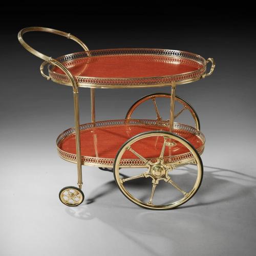 French Mid 20th Century Oval Brass Bar Cart With Removable Tray