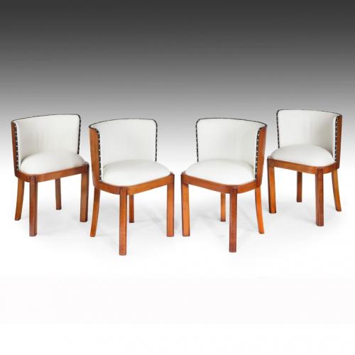 Set Of Four Walnut Art Deco White Leather Upholstered Dining Chairs