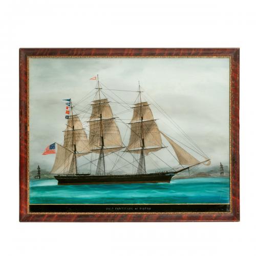 American reverse-glass painting of the ship Hurricane of Boston