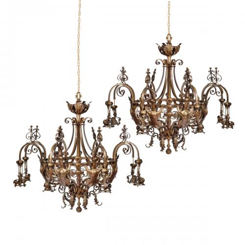 A pair of large Victorian 8-light brass chandeliers