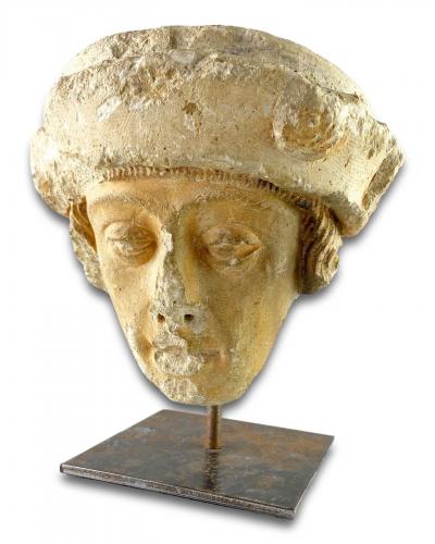A stone head of a male saint. Champagne, late 15th century