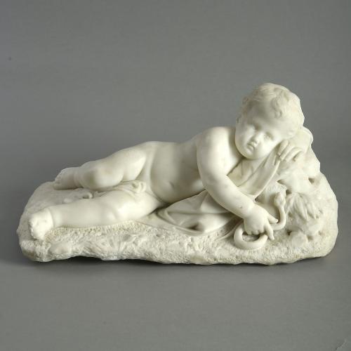 White Carrara Marble Figure of a Putto with a Serpent