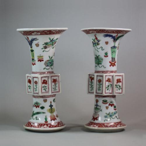Pair of Chinese famille verte archaistic gu-form vases, Kangxi (1662-1722)