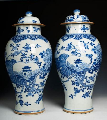 Large pair of Chinese export porcelain baluster vases and covers, c. 1750, Qianlong reign, Qing dynasty