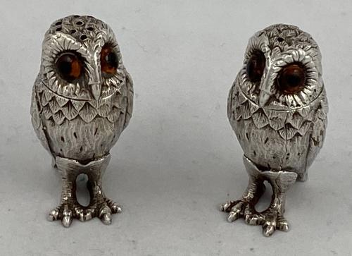 Sterling silver owl salt and pepper shakers casters