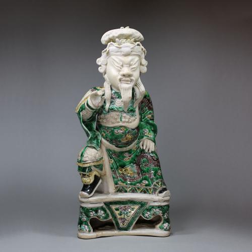 Chinese famille verte biscuit figure of Guandi, the God of War, Kangxi (1662-1722)