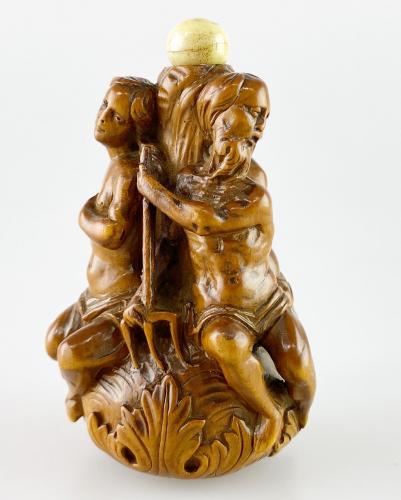 Boxwood Poseidon flask. French, late 17th century