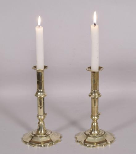 S/4108 Antique Pair of 18th Century Georgian Petal Base Brass Candlesticks