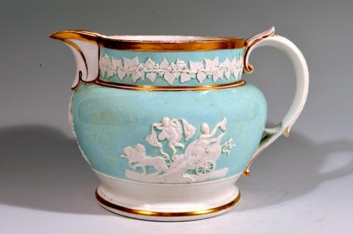 Neoclassical Ridgway Porcelain Large Moulded Jug with Light Blue Ground, Circa 1820