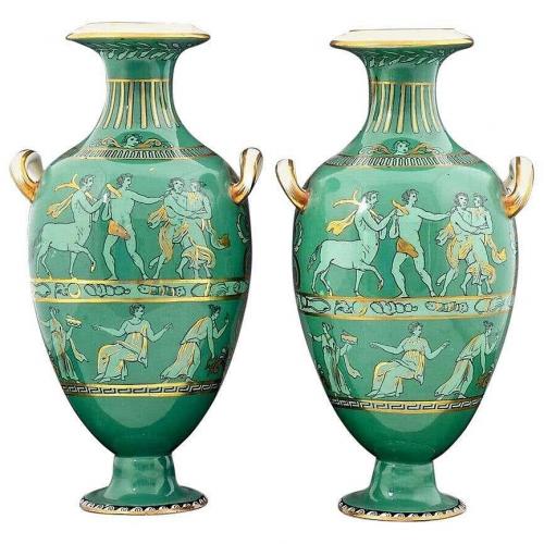 English Porcelain Neoclassical Jade Green-ground Vases, Probably Davenport, Pattern # 4431, Circa 1840-60