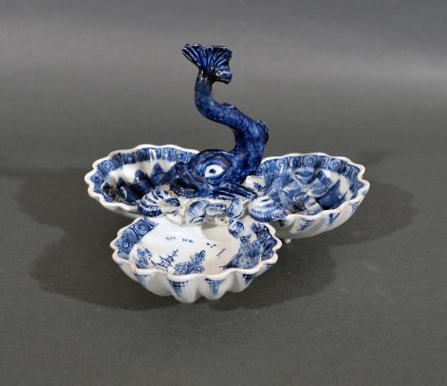 English Porcelain Dolphin Sweetmeat or Pickle Stand, Bow Factory, 1752-55