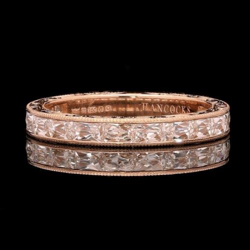 French-cut diamond "East/West" set 3mm eternity ring in 18ct rose gold with ornate hand engraving