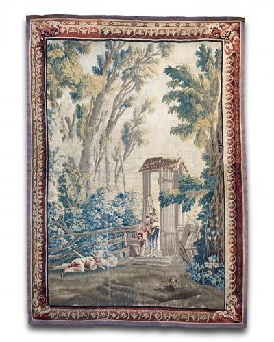 Pastoral tapestry family in a woodland garden. Aubusson, c.1769-1770