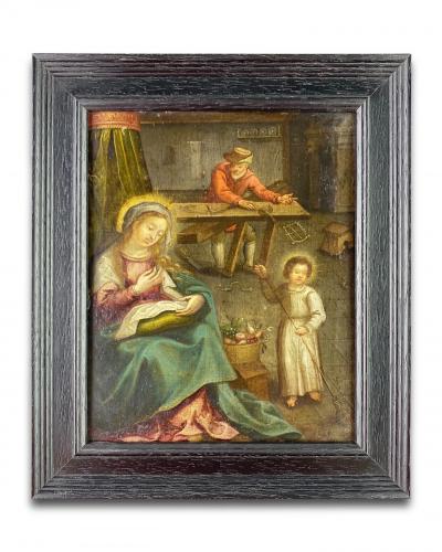 An oil on copper interior scene of the holy family. Flemish, 17th century