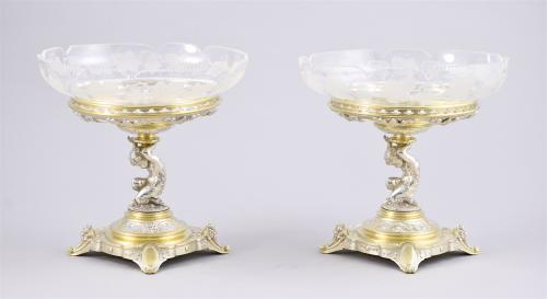 A pair of Victorian silver and engraved glass comports