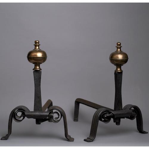 Italian 19th century brass and wrought iron andirons
