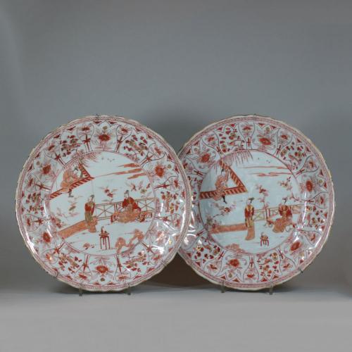 Pair of Chinese rouge de fer moulded dishes, Kangxi (1662-1722)