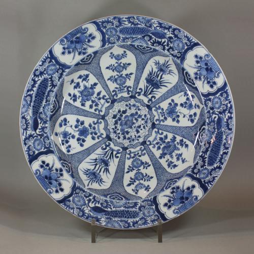 Large Chinese blue and white 'peacock' charger, Kangxi (1662-1722)