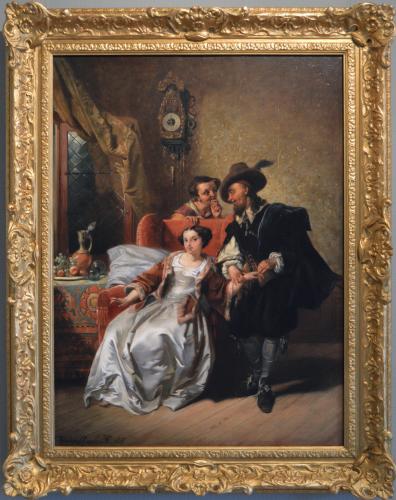 Historical genre oil painting of a Lady & her Physician by Casimir van den Daele