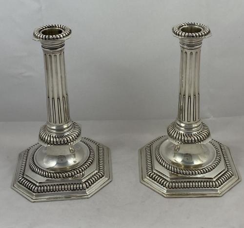 William and Mary fluted silver Candlesticks Percy Webster 1908