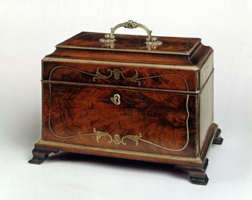 Rare English Mahogany Brass Inlaid Tea Caddy in the Manner of Channon