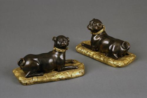 Antique Rare Pair of Sculptural Continental Bronze and Ormolu Pugs 18th Century
